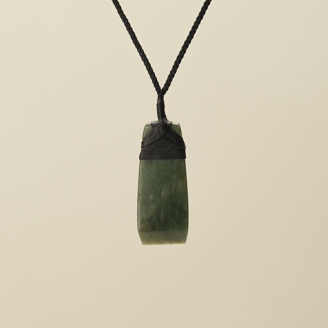 Toki Kawakawa Pounamu Medium Large Pendant, Black Binding