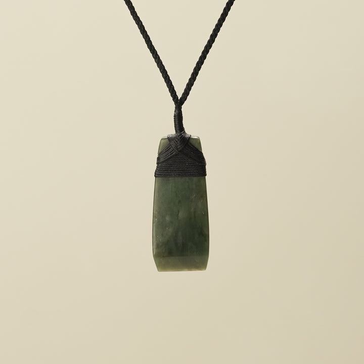 Toki Kawakawa Pounamu Medium Large Pendant, Black Binding
