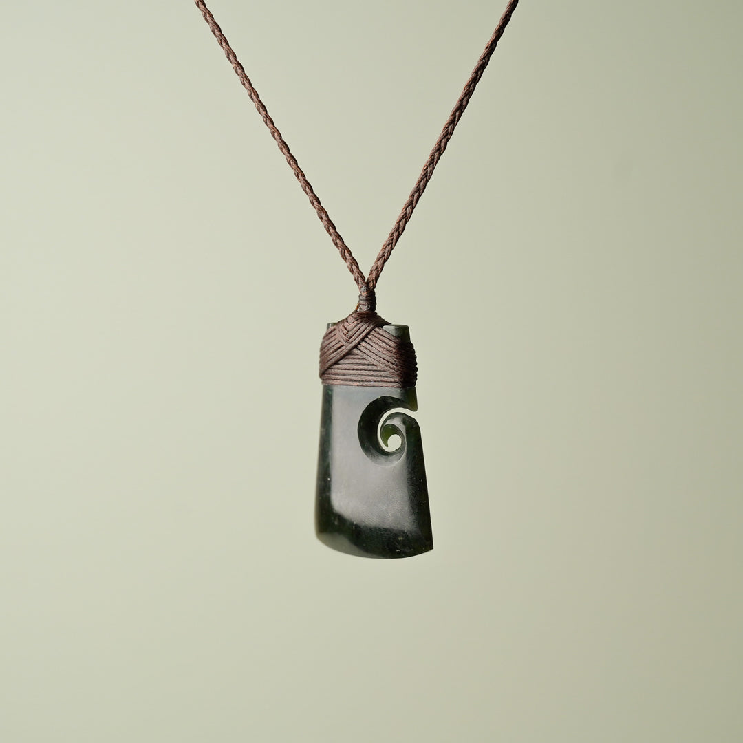 Medium Pounamu Toki with Koru, Brown Binding