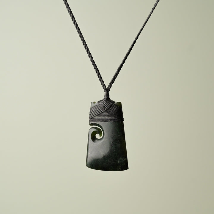 Medium Pounamu Toki with Koru, Black Binding