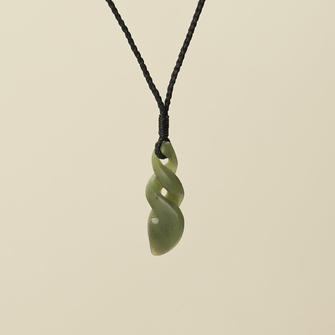 Pikorua Double Twist Small Pounamu Pendant, Black Binding