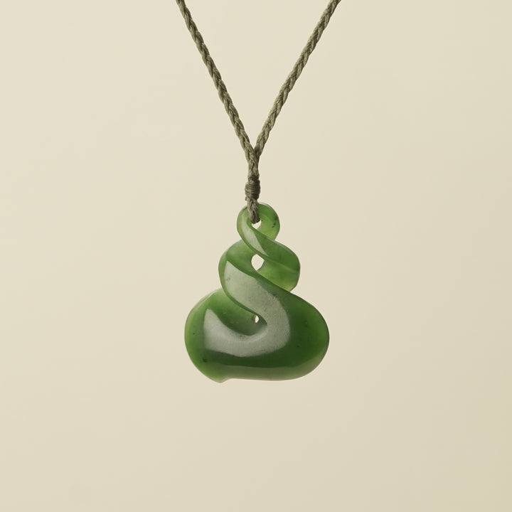 Pounamu Double Twist Pendant, Khaki Binding