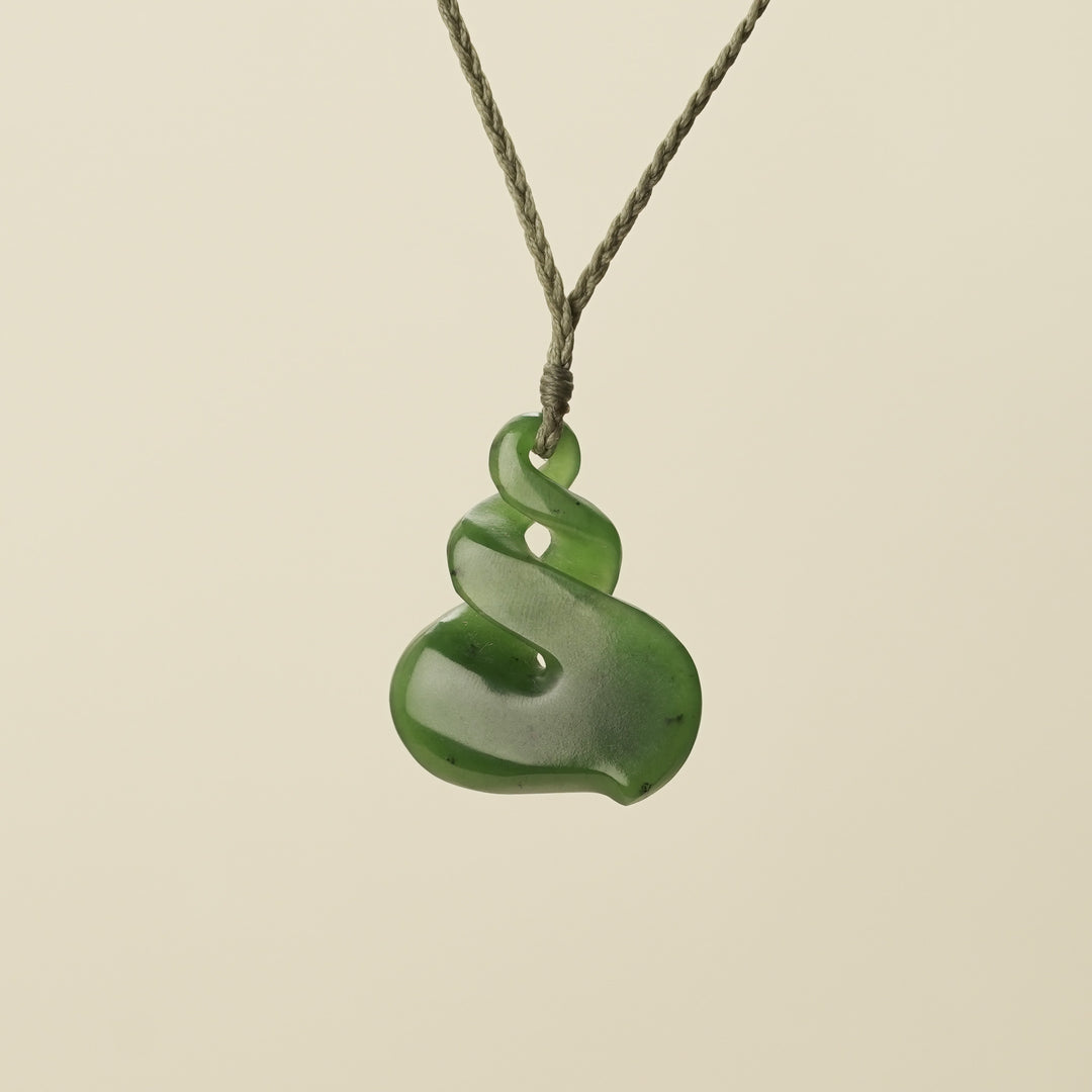 Pounamu Double Twist Pendant, Khaki Binding
