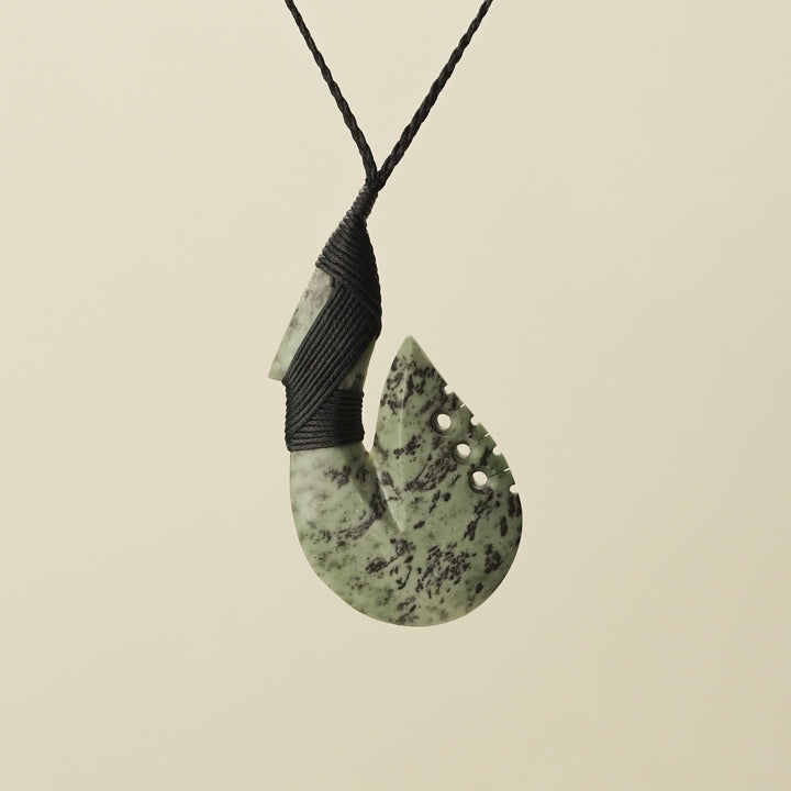 Notched Hei Matau Kōkopu Greenstone Large Pendant, Black Binding