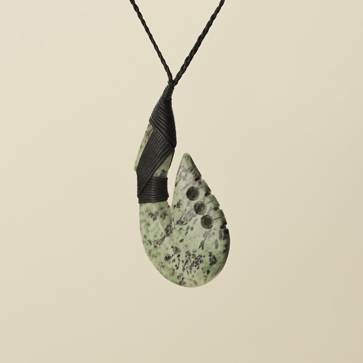 Notched Hei Matau Kōkopu Greenstone Large Pendant, Black Binding