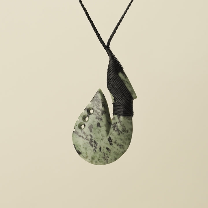 Notched Hei Matau Kōkopu Greenstone Large Pendant, Black Binding
