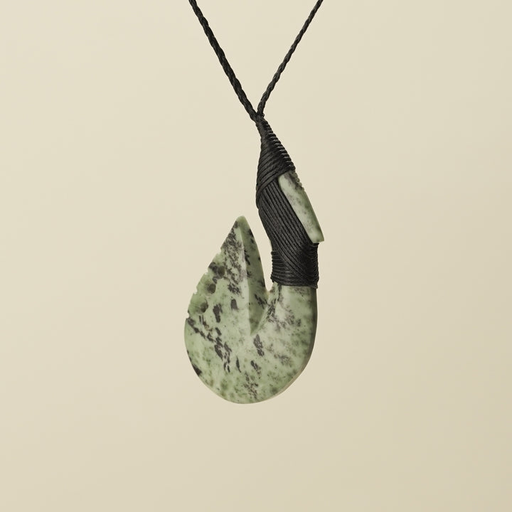 Notched Hei Matau Kōkopu Greenstone Large Pendant, Black Binding