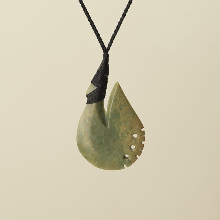 Notched Hei Matau Raukaraka Pounamu Large Pendant, Black Binding