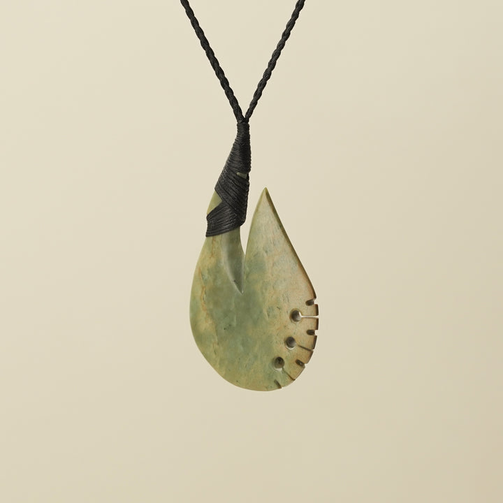 Notched Hei Matau Raukaraka Pounamu Large Pendant, Black Binding