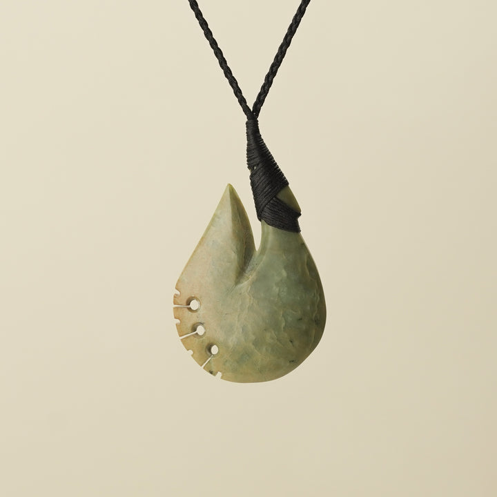 Notched Hei Matau Raukaraka Pounamu Large Pendant, Black Binding