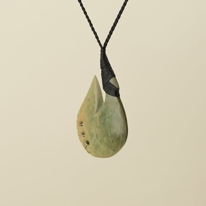 Notched Hei Matau Raukaraka Pounamu Large Pendant, Black Binding