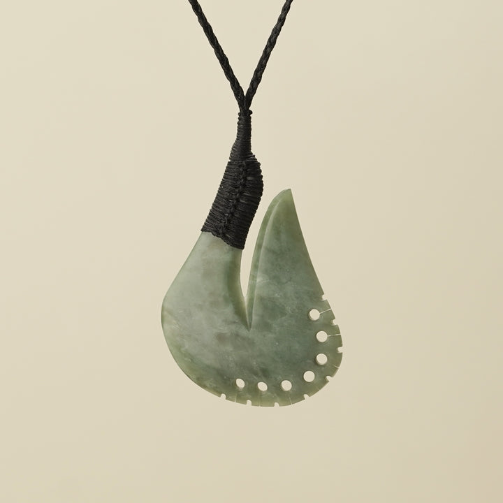 Notched Hei Matau Inanga Pounamu Large Pendant, Black Binding