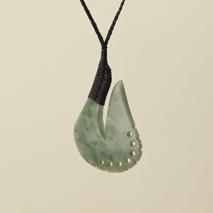Notched Hei Matau Inanga Pounamu Large Pendant, Black Binding