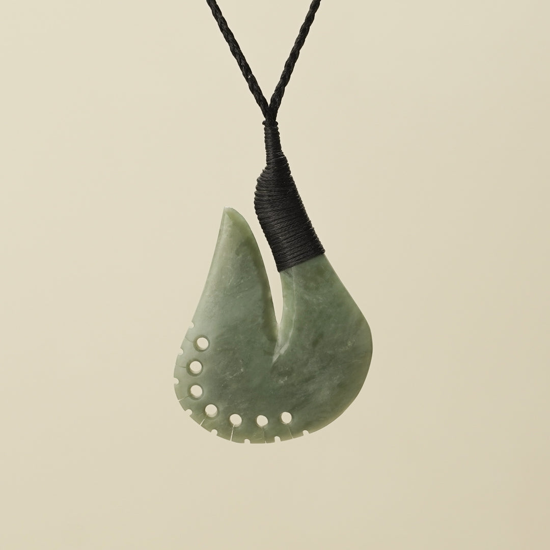 Notched Hei Matau Inanga Pounamu Large Pendant, Black Binding