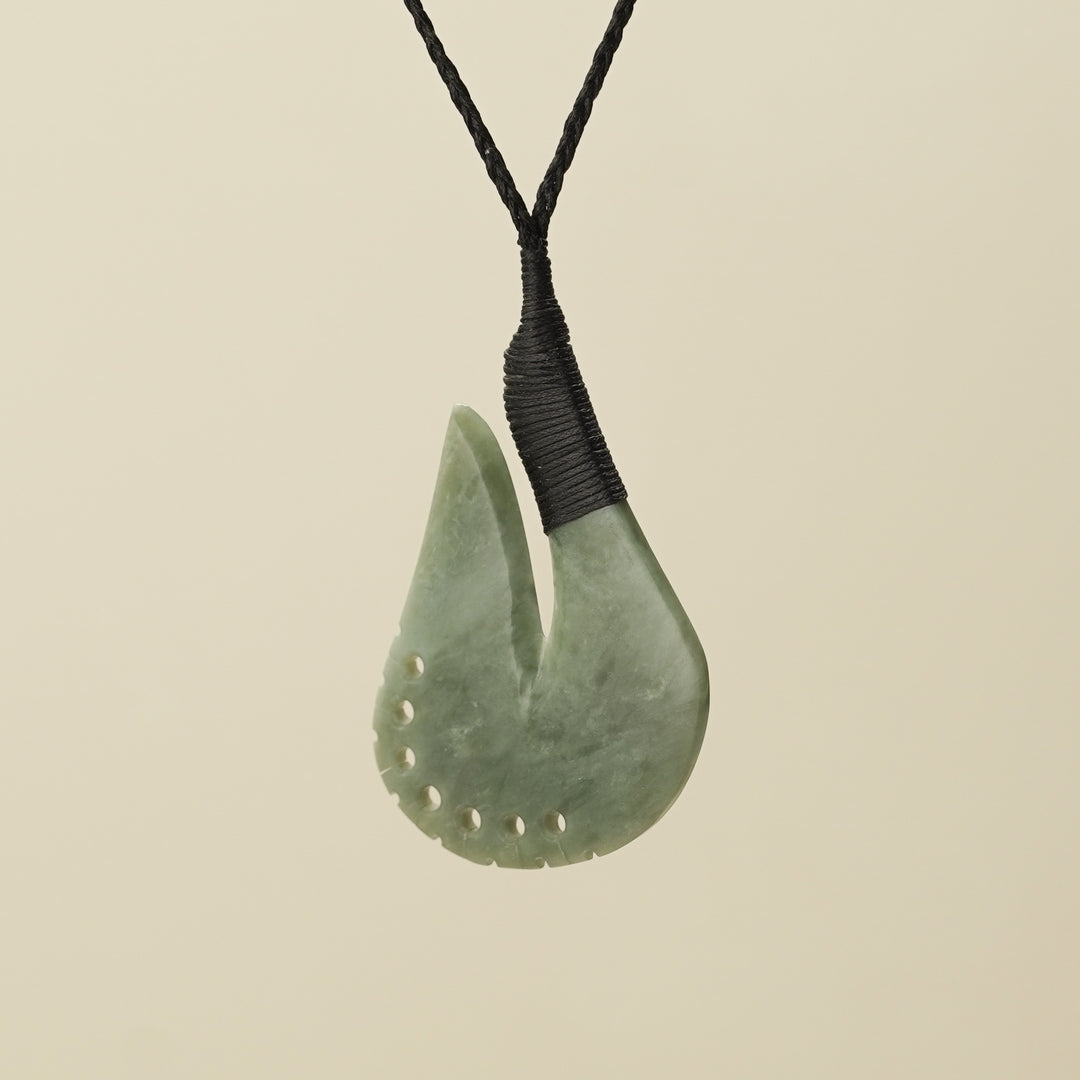 Notched Hei Matau Inanga Pounamu Large Pendant, Black Binding