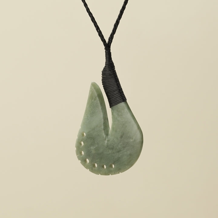 Notched Hei Matau Inanga Pounamu Large Pendant, Black Binding