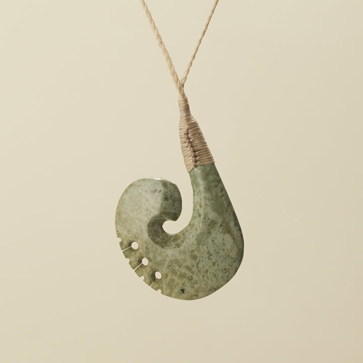 Notched Hei Matau Raukaraka Pounamu Large Pendant, Tan Binding