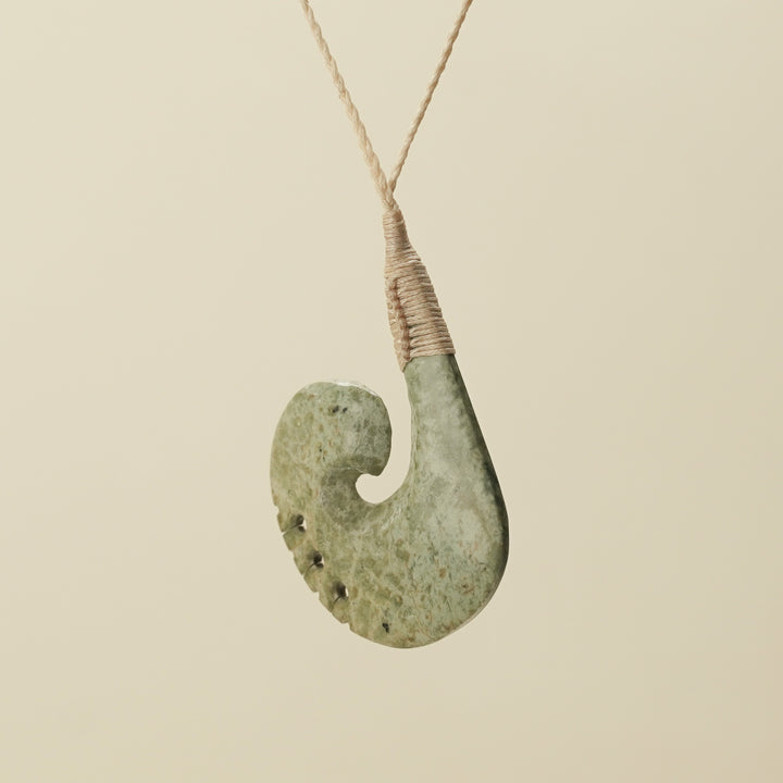 Notched Hei Matau Raukaraka Pounamu Large Pendant, Tan Binding