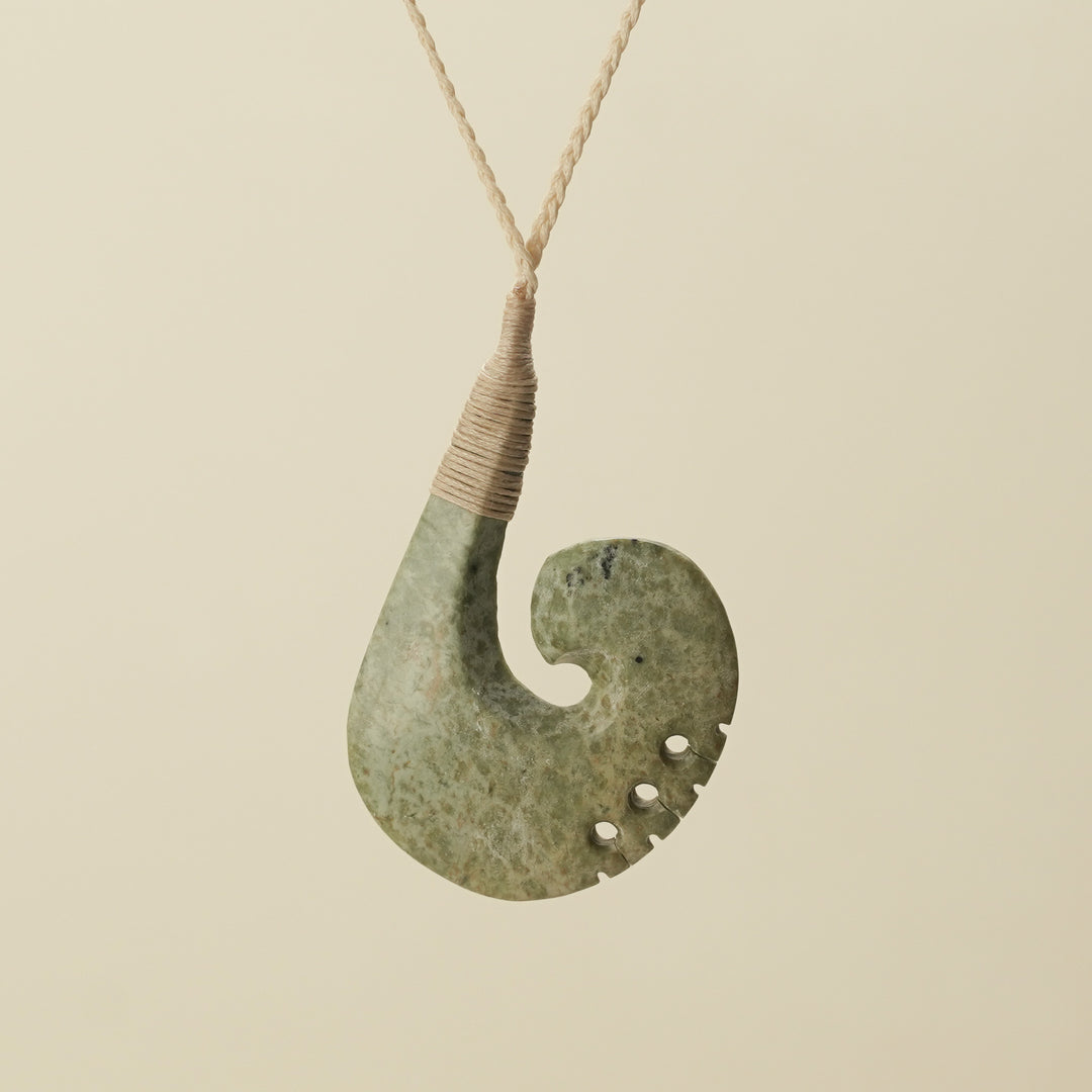 Notched Hei Matau Raukaraka Pounamu Large Pendant, Tan Binding