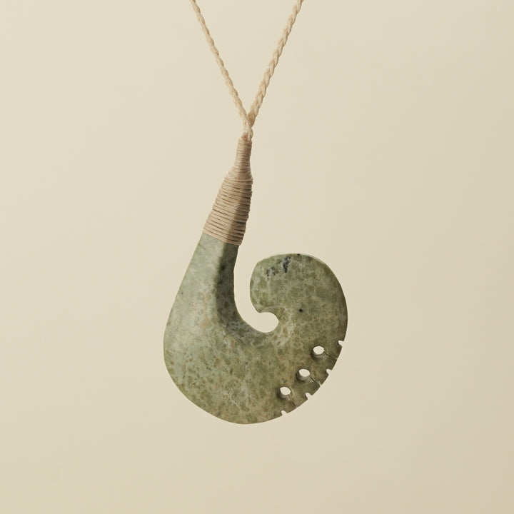 Notched Hei Matau Raukaraka Pounamu Large Pendant, Tan Binding