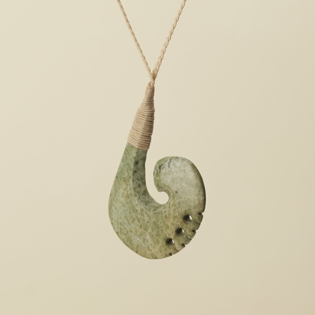 Notched Hei Matau Raukaraka Pounamu Large Pendant, Tan Binding