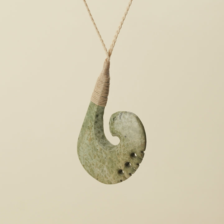 Notched Hei Matau Raukaraka Pounamu Large Pendant, Tan Binding