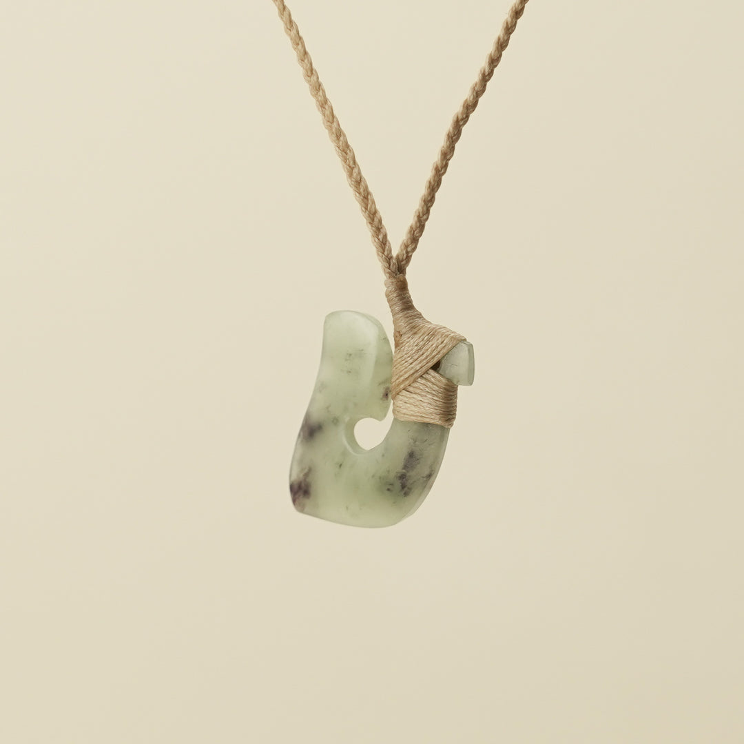 Hei Matau Small Pounamu Pendant, Tan Binding