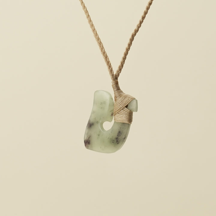 Hei Matau Small Pounamu Pendant, Tan Binding