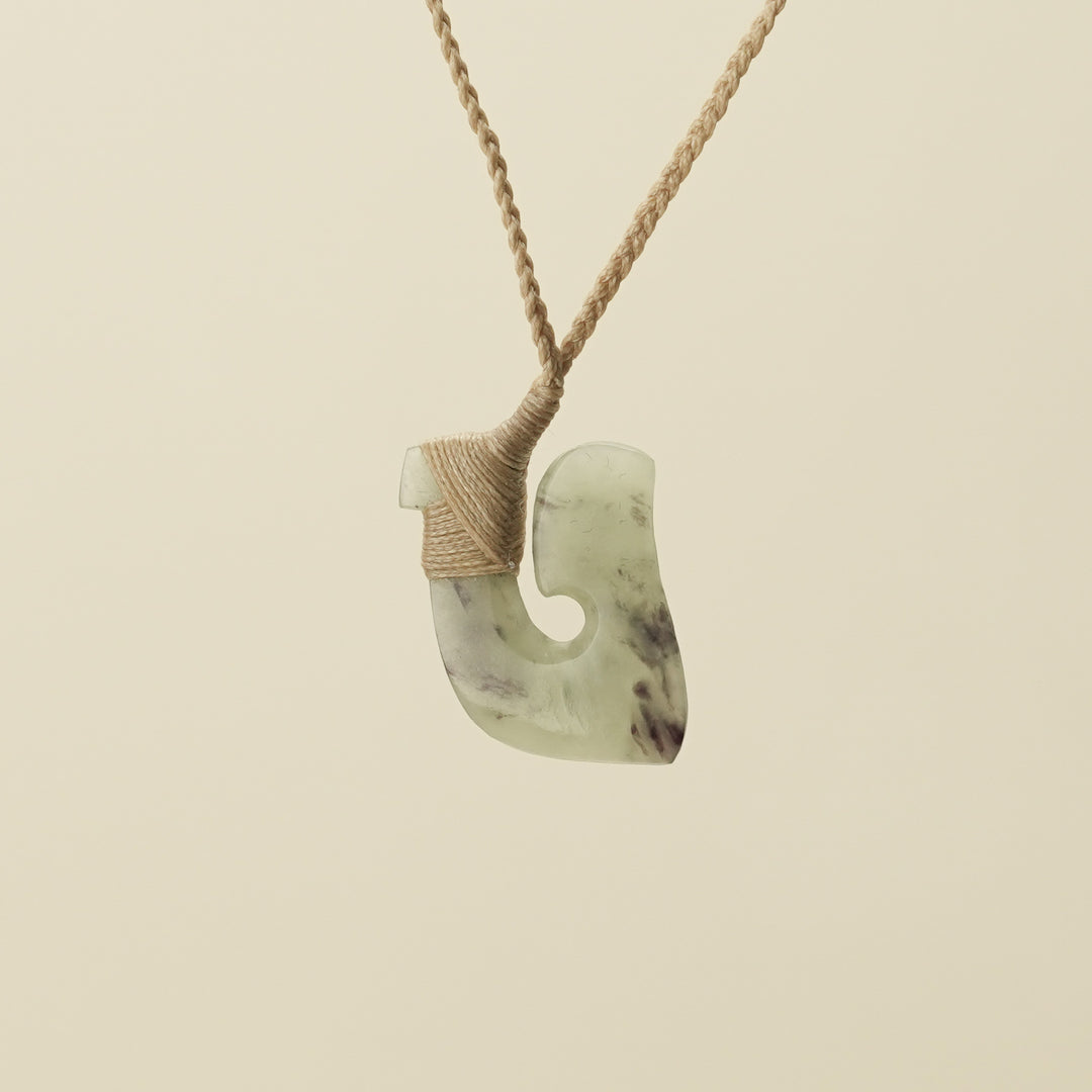Hei Matau Small Pounamu Pendant, Tan Binding