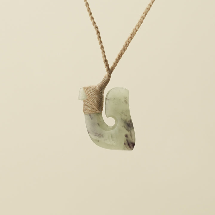 Hei Matau Small Pounamu Pendant, Tan Binding