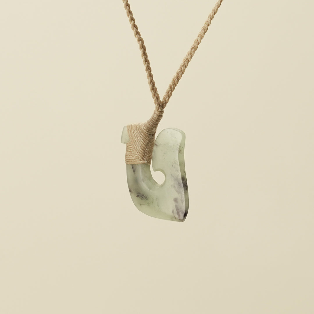 Hei Matau Small Pounamu Pendant, Tan Binding