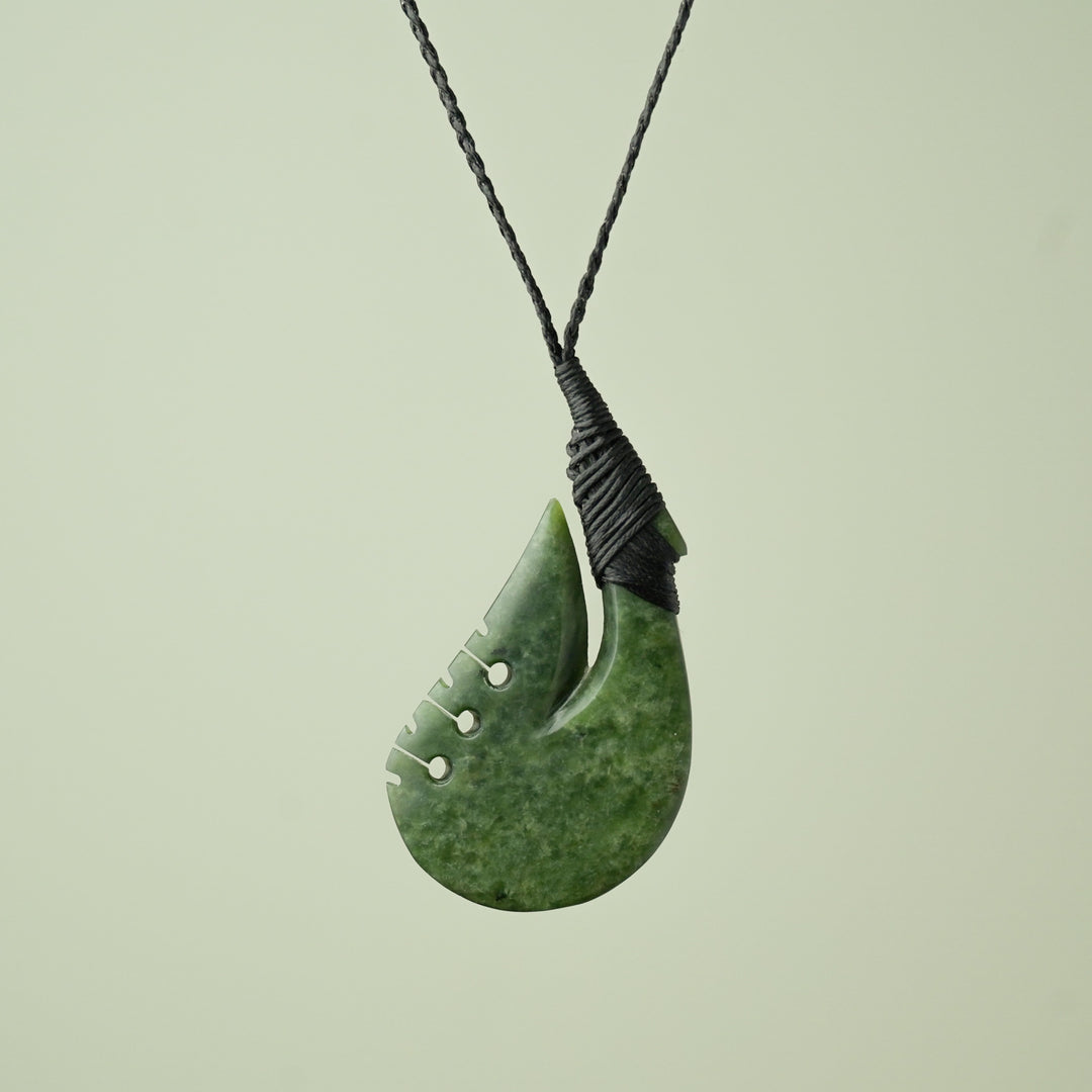 Medium Kawakawa Greenstone Hei Matau Pendant, Black Binding