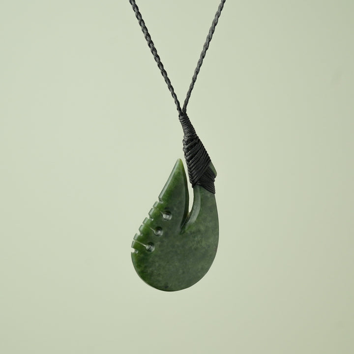 Medium Kawakawa Greenstone Hei Matau Pendant, Black Binding