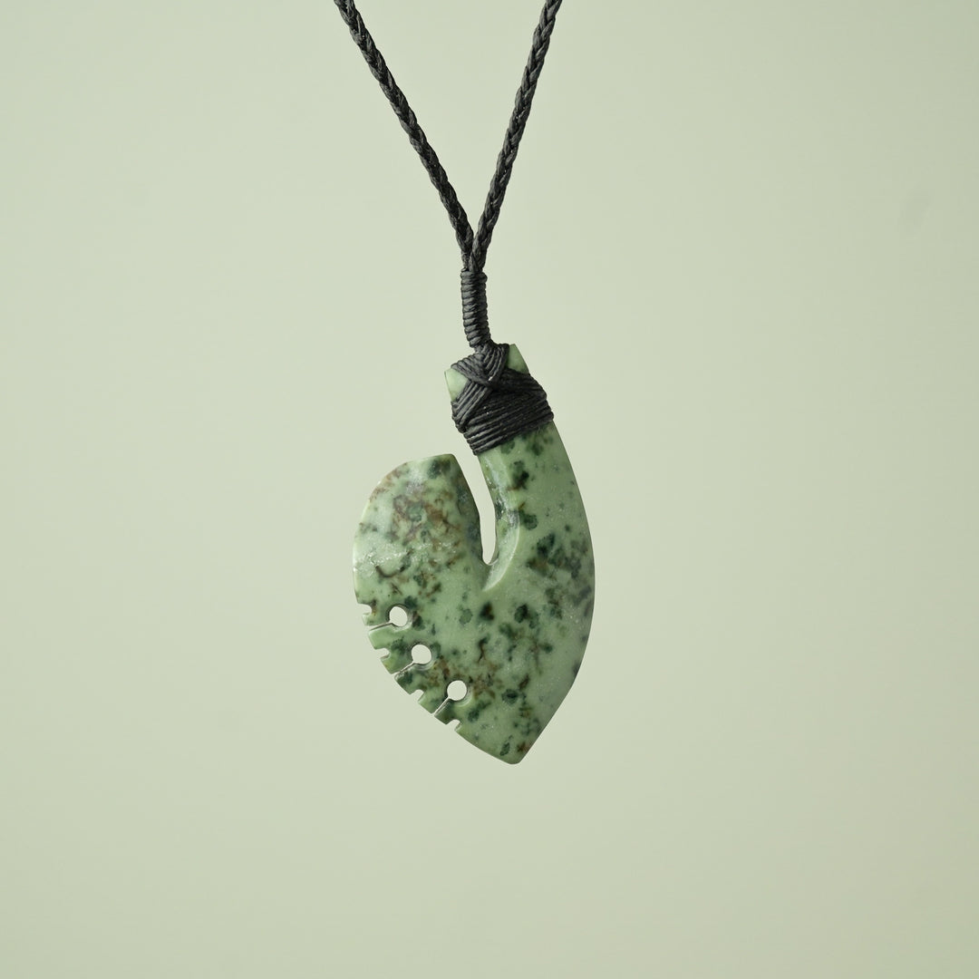 Medium Kokopu Greenstone Hei Matau Pendant, Black Binding