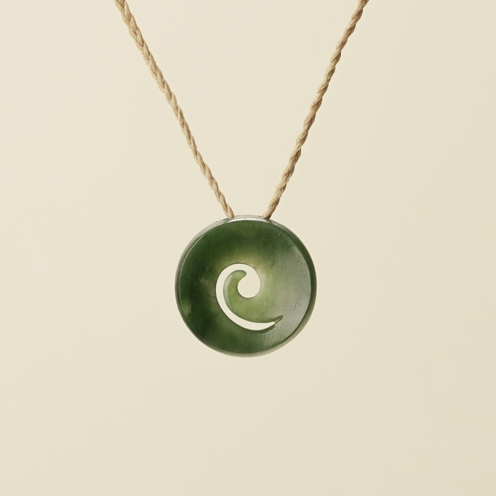 Koru Kawakawa Pounamu Pendant, Tan Binding