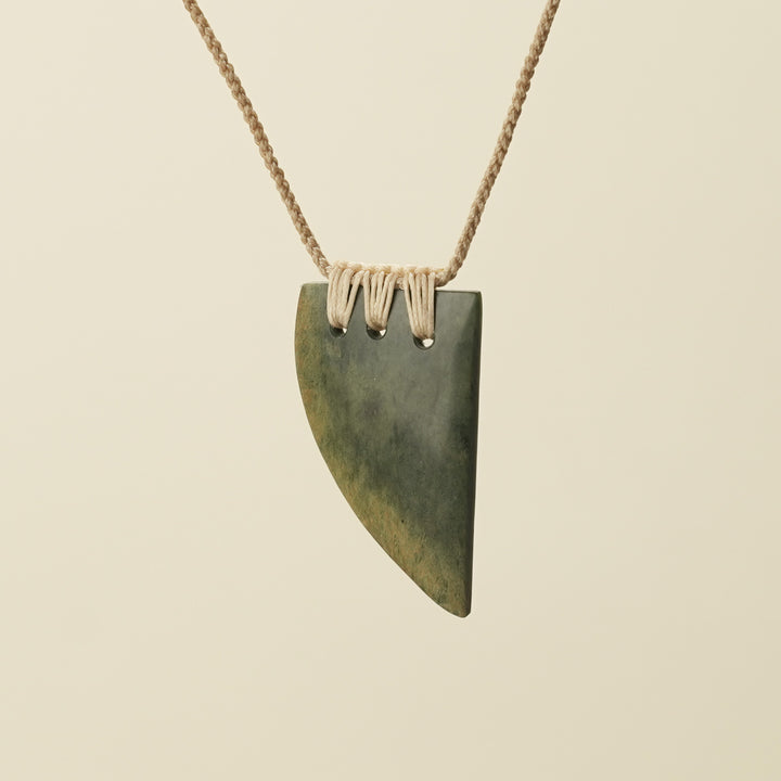 Niho Tooth Raukaraka Pounamu Medium Pendant, Tan Binding