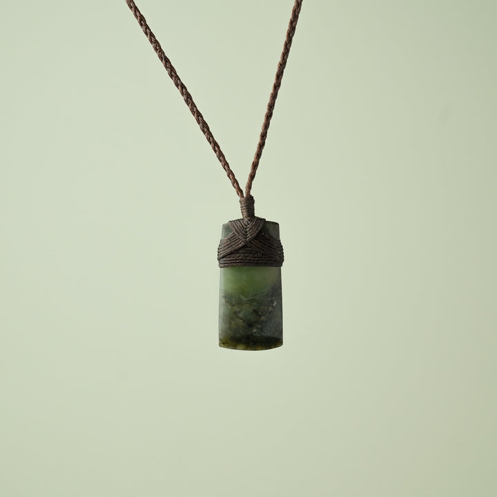 Small Kawakawa Pounamu Toki Pendant, Brown Binding