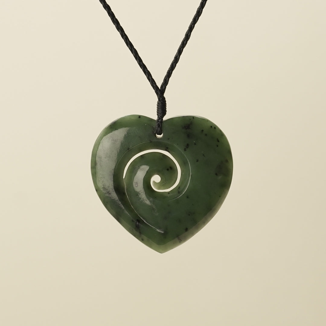 Heart Koru Kawakawa Pounamu Large Pendant