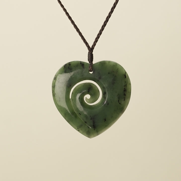 Heart Koru Kawakawa Pounamu Large Pendant
