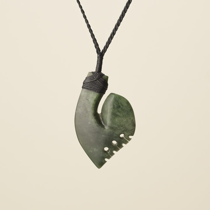 Hei Matau Kōkopu Greenstone Medium Large Pendant, Black Binding