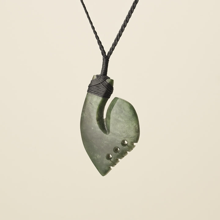 Hei Matau Kōkopu Greenstone Medium Large Pendant, Black Binding
