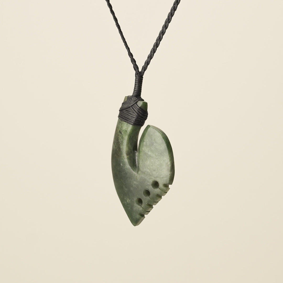 Hei Matau Kōkopu Greenstone Medium Large Pendant, Black Binding