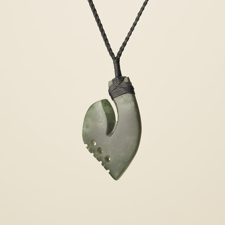 Hei Matau Kōkopu Greenstone Medium Large Pendant, Black Binding
