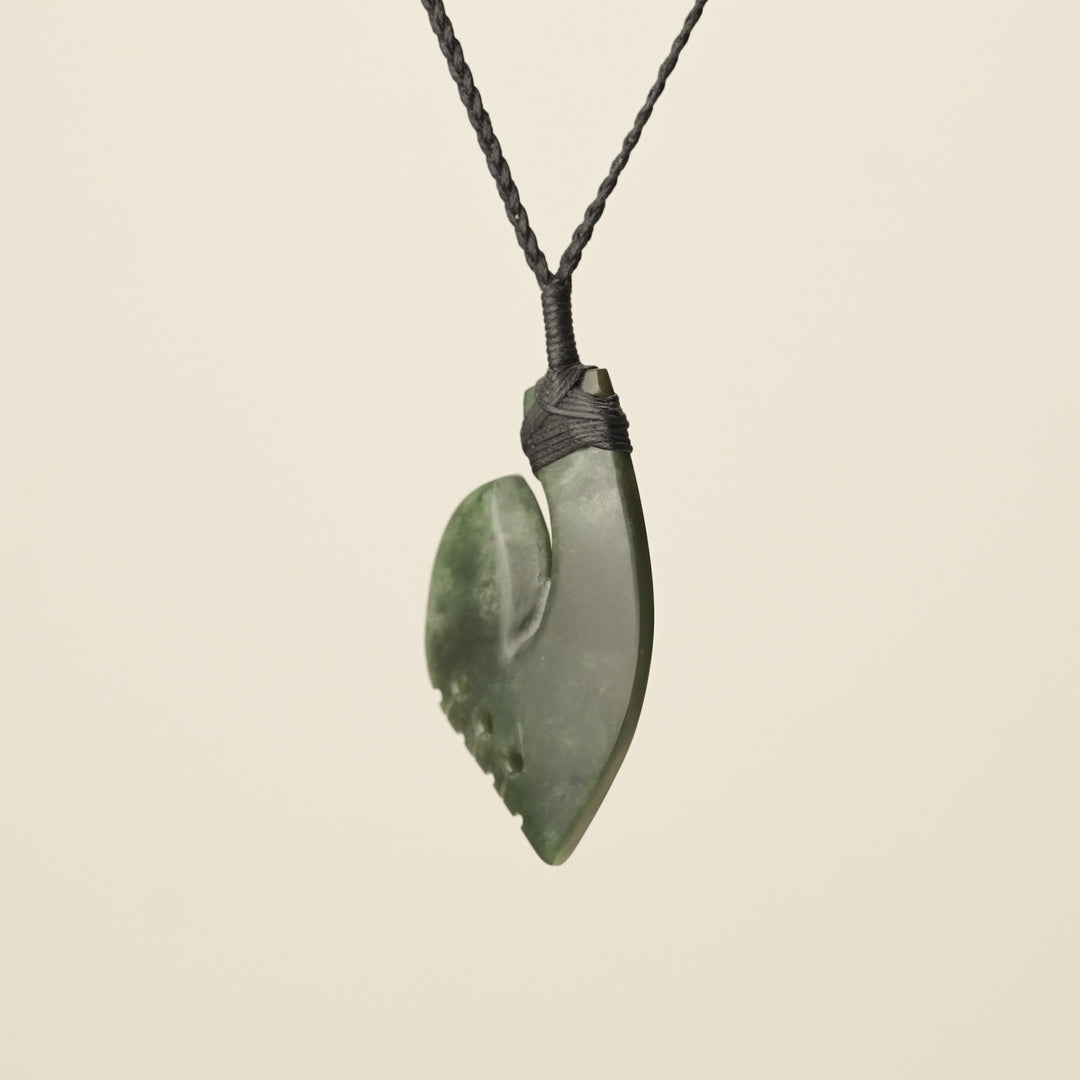 Hei Matau Kōkopu Greenstone Medium Large Pendant, Black Binding
