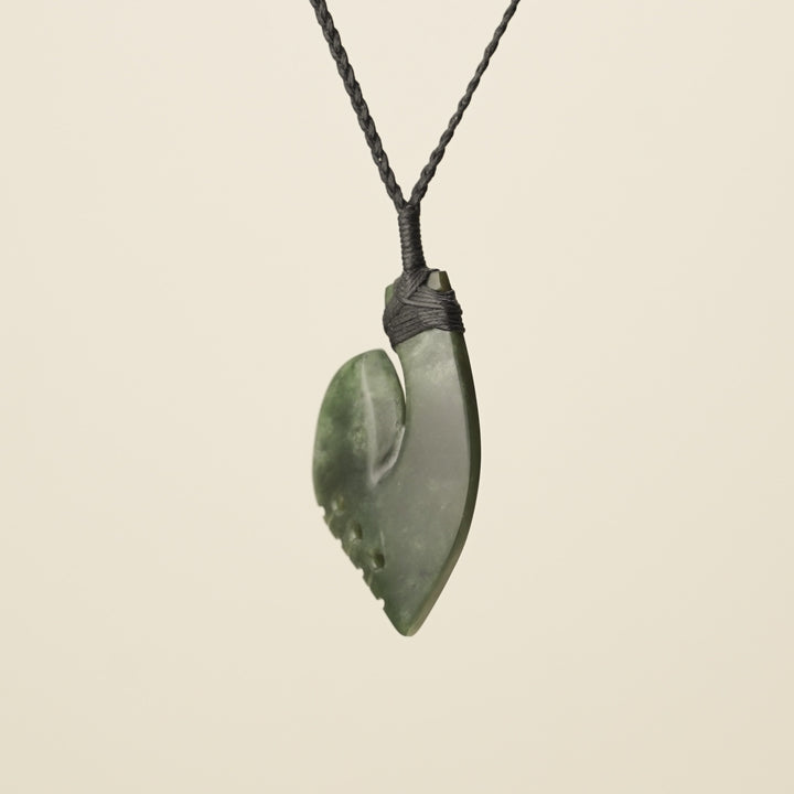 Hei Matau Kōkopu Greenstone Medium Large Pendant, Black Binding