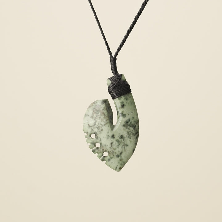 Hei Matau Kōkopu Greenstone Medium Pendant, Black Binding