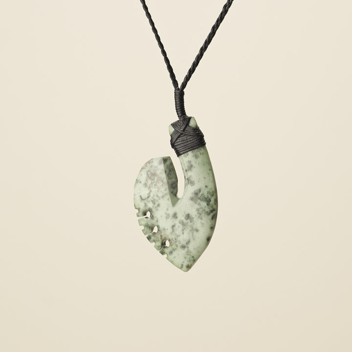 Hei Matau Kōkopu Greenstone Medium Pendant, Black Binding