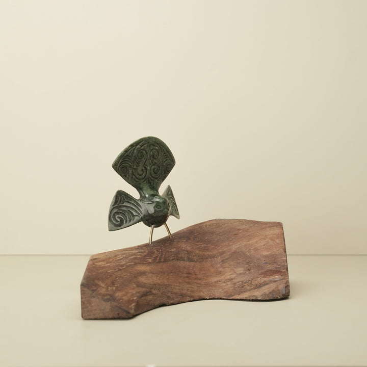 Pīwaiwaka (Fantail) Pounamu Whakairo Sculpture