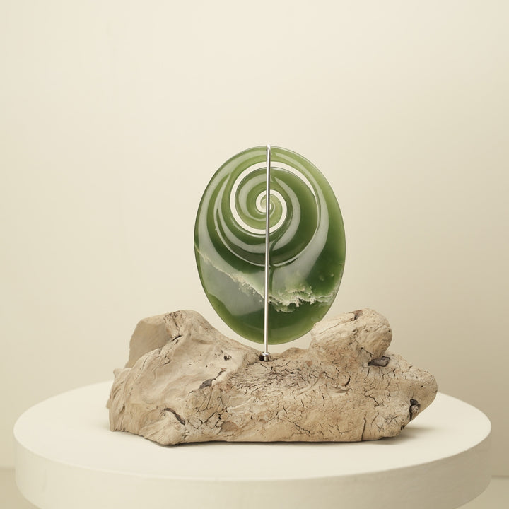 Koru Pounamu Sculpture on Wood Base