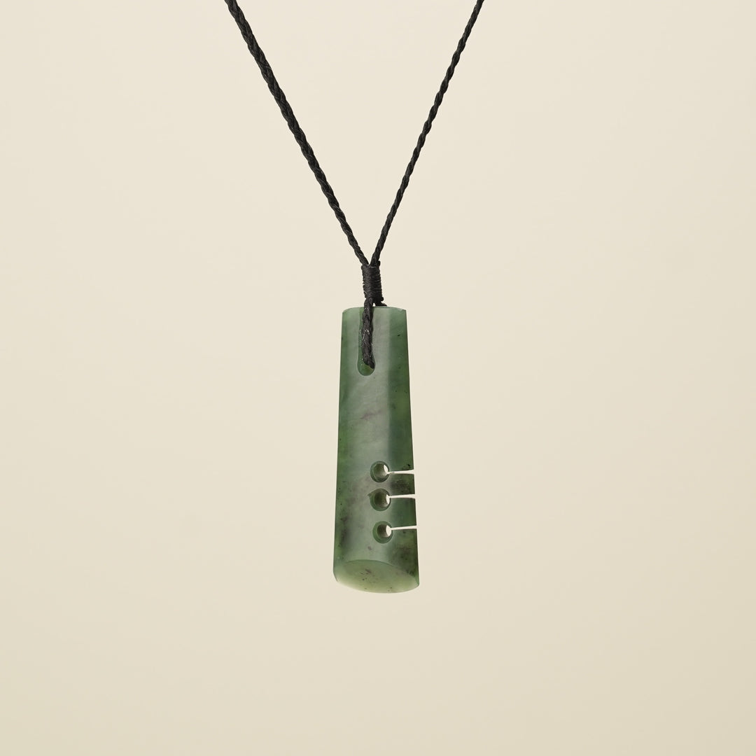 Notched Toki Kawakawa Pounamu Medium Pendant, Black Binding